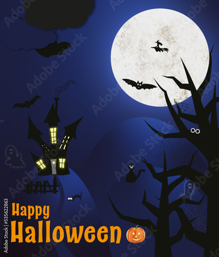 happy halloween plakat pocztówka księżyc północ wiedźma czary magia domki drzewo straszyć duch straszny