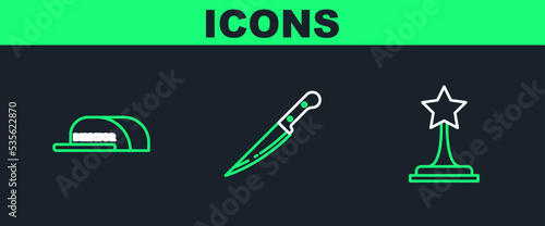 Set line Movie trophy, Cap with inscription director and Knife icon. Vector