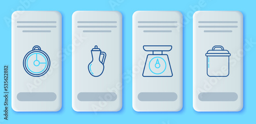 Set line Bottle of olive oil, Scales, Kitchen timer and Cooking pot icon. Vector