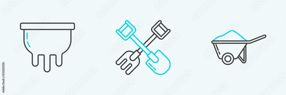 Set line Wheelbarrow with dirt, Udder and Shovel and rake icon. Vector Set line Wheelbarrow with dirt, Udder and Shovel and rake icon. Vector