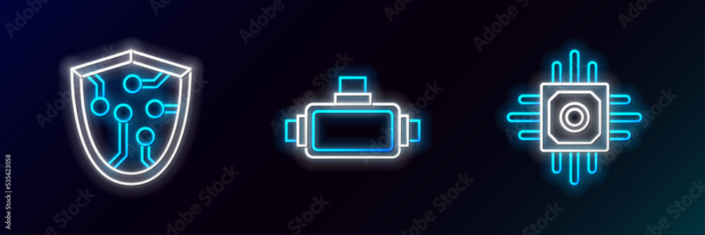 Set line Processor, Cyber security and Virtual reality glasses icon. Glowing neon. Vector Set line Processor, Cyber security and Virtual reality glasses icon. Glowing neon. Vector