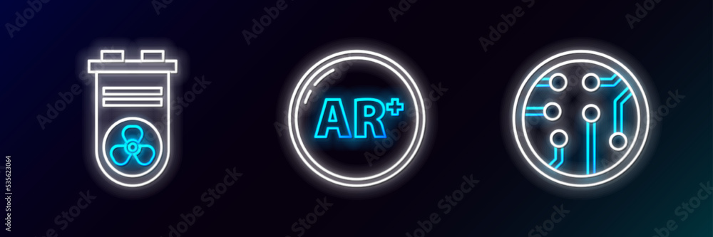 Set line Processor, Video graphic card and Ar, augmented reality icon. Glowing neon. Vector Set line Processor, Video graphic card and Ar, augmented reality icon. Glowing neon. Vector