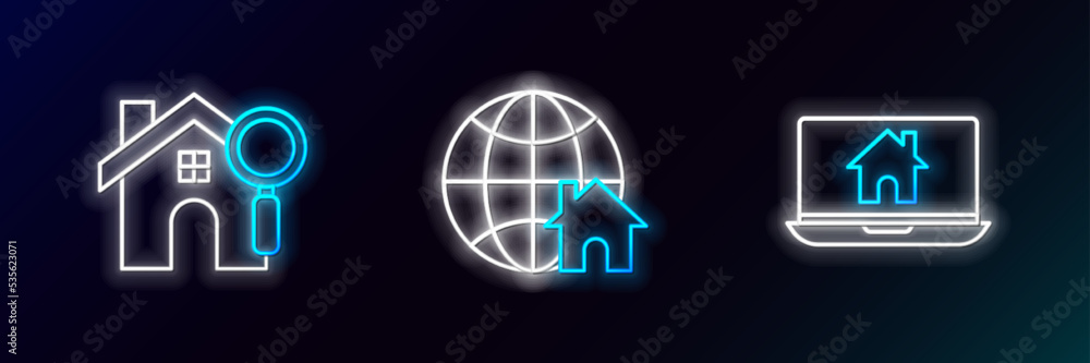 Set line Laptop and smart home, Search house and Globe with symbol icon. Glowing neon. Vector Set line Laptop and smart home, Search house and Globe with symbol icon. Glowing neon. Vector