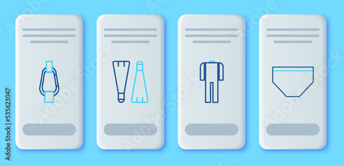 Set line Rubber flippers for swimming, Wetsuit scuba diving, Carabiner and Swimming trunks icon. Vector