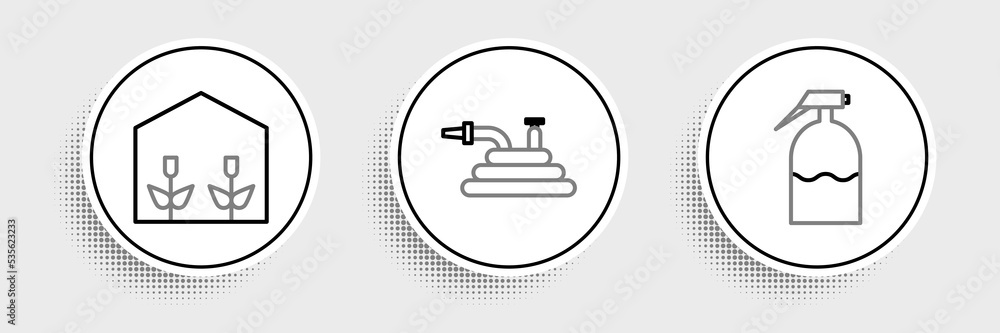 Set line Garden sprayer, Home greenhouse and plants and hose or fire hose icon. Vector Set line Garden sprayer, Home greenhouse and plants and hose or fire hose icon. Vector