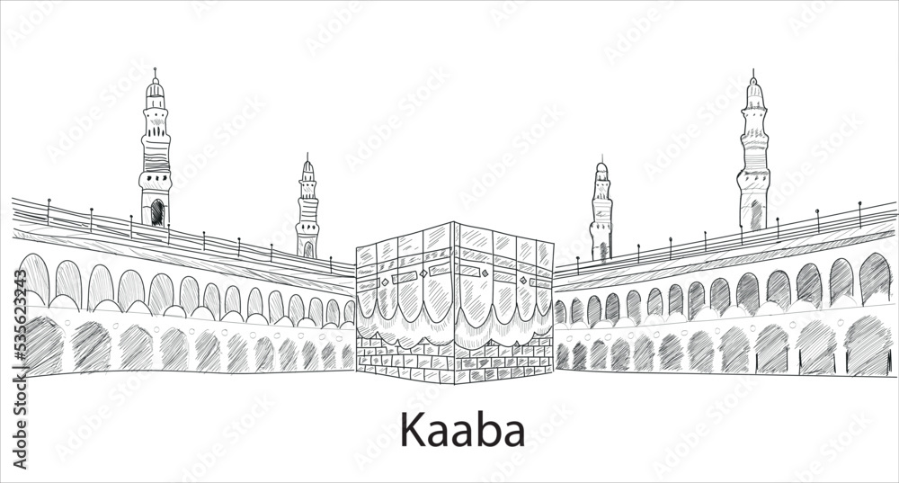 saudi arabia mecca kaaba hand drawing vector illustration