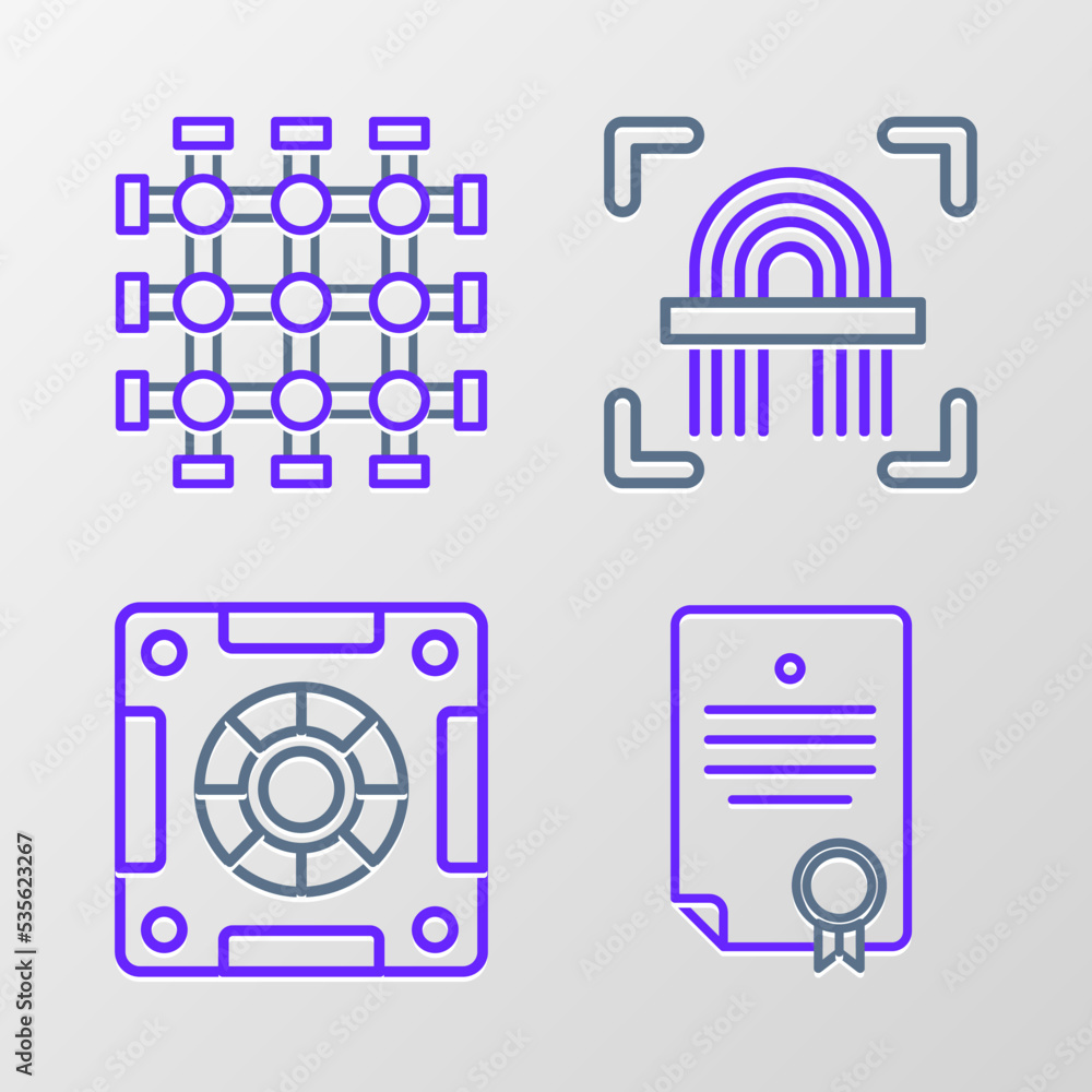 Set line Certificate template, Safe, Fingerprint and Prison window icon. Vector Set line Certificate template, Safe, Fingerprint and Prison window icon. Vector