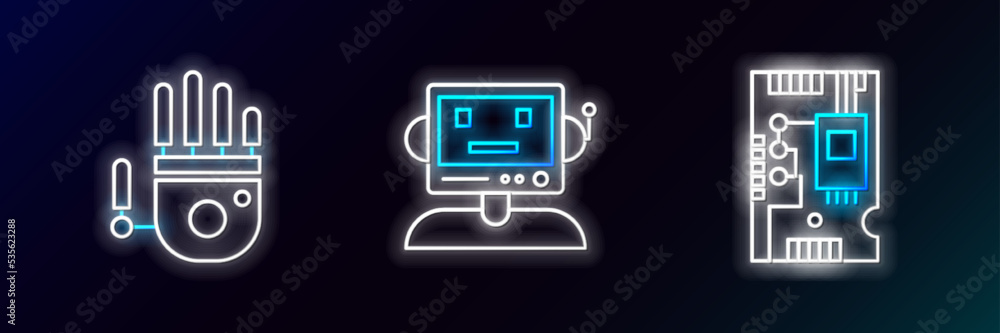 Set line Electronic computer components motherboard digital chip, Mechanical robot hand and Robot icon. Glowing neon. Vector Set line Electronic computer components motherboard digital chip, Mechanical robot hand and Robot icon. Glowing neon. Vector