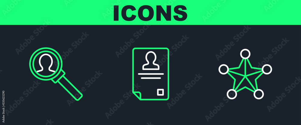 Set line Hexagram sheriff, Magnifying glass for search and Identification badge icon. Vector Set line Hexagram sheriff, Magnifying glass for search and Identification badge icon. Vector