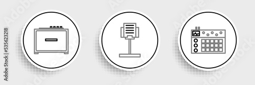 Set line Drum machine, Guitar amplifier and Music stand icon. Vector