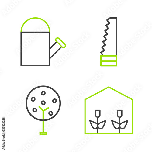 Set line Home greenhouse and plants, Tree, Garden saw and Watering can icon. Vector