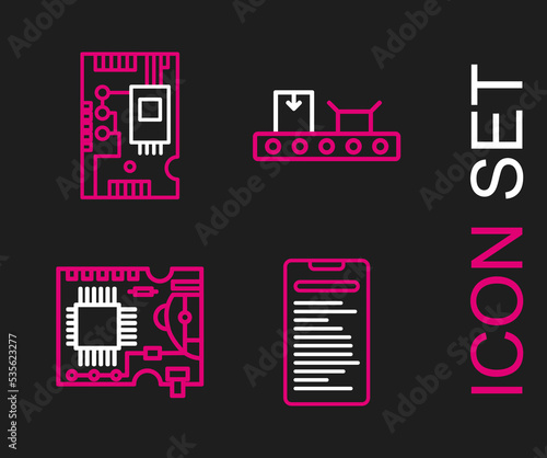 Set line Computer api interface, Printed circuit board PCB, Conveyor belt with cardboard box and Electronic computer components motherboard digital chip icon. Vector