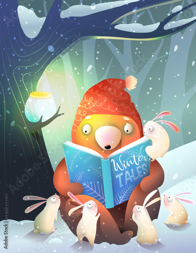 Bear reading book under big tree to rabbits in forest cold winter night, storytelling illustration for children library or school poster. Bear and bunnies animals in woods read book. Vector for kids.