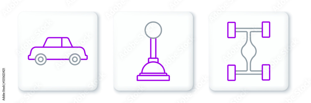 Set line Chassis car, Car and Gear shifter icon. Vector Set line Chassis car, Car and Gear shifter icon. Vector