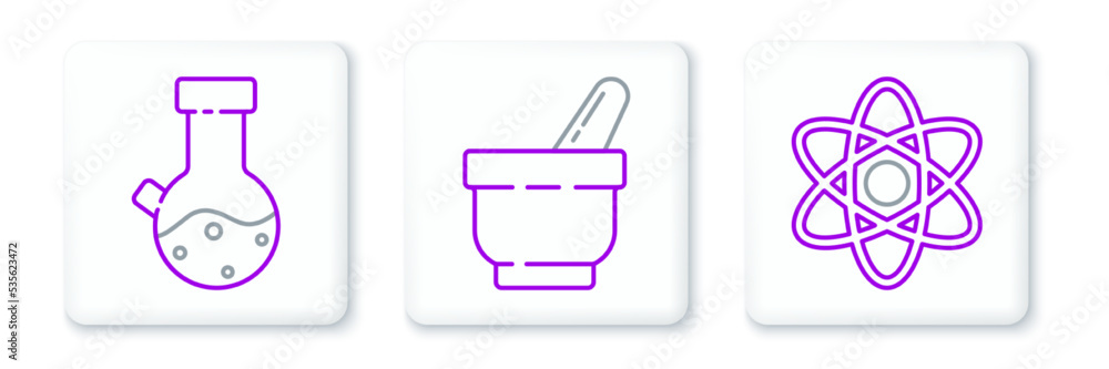 Set line Atom, Test tube and flask chemical and Mortar pestle icon. Vector Set line Atom, Test tube and flask chemical and Mortar pestle icon. Vector