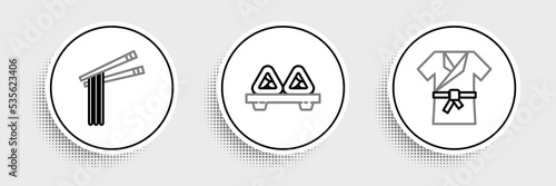 Set line Japanese costume Kimono, Asian noodles and chopsticks and Sushi cutting board icon. Vector
