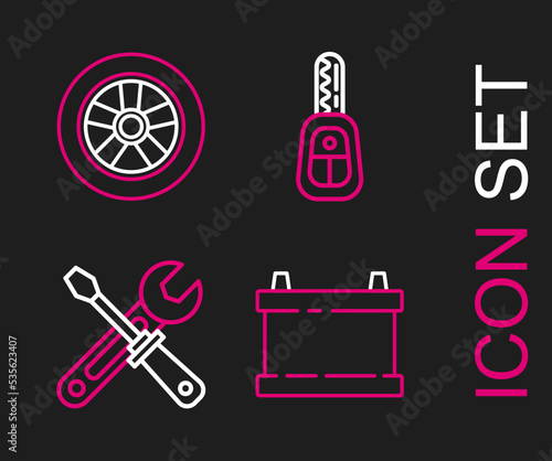 Set line Car battery, Screwdriver and wrench tools, key with remote and wheel icon. Vector