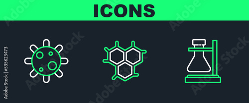 Set line Test tube flask on stand, Bacteria and Chemical formula icon. Vector
