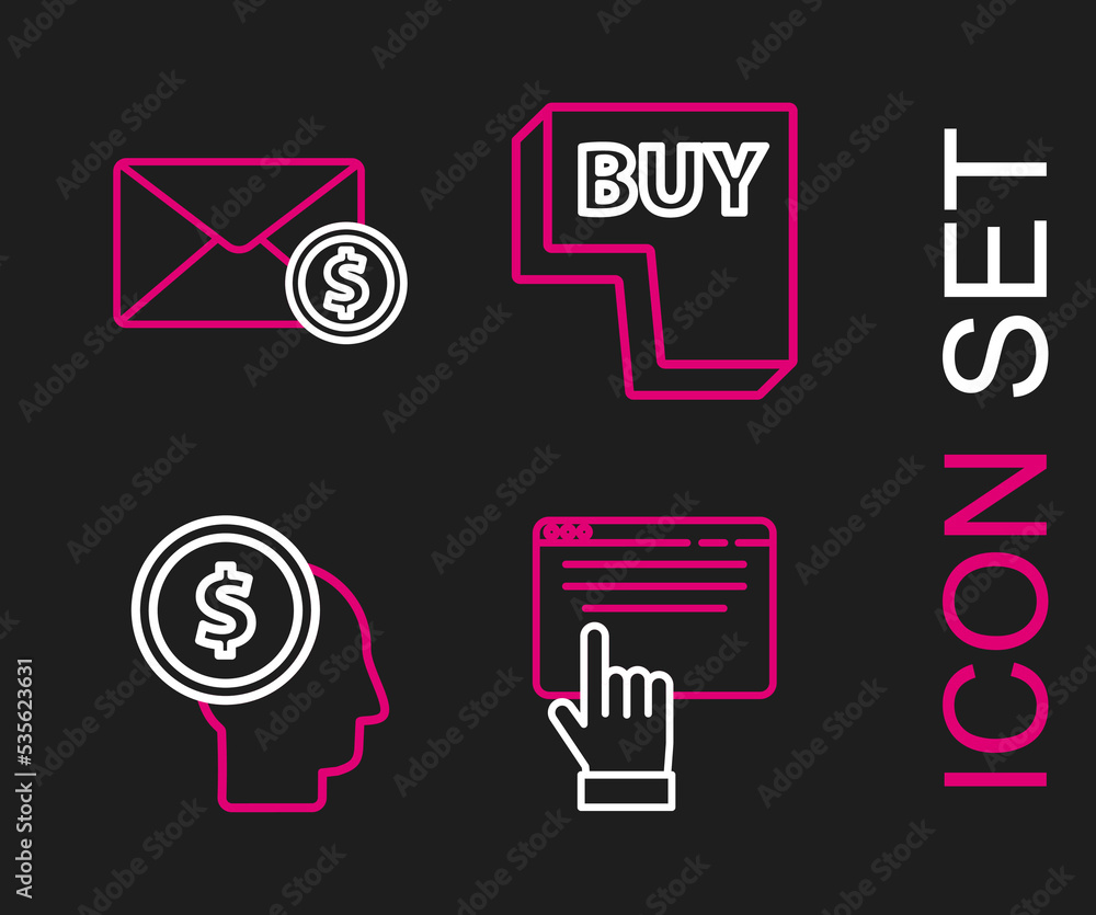 Set line Online shopping on screen, Business man planning mind, Buy button and Envelope with coin dollar icon. Vector Set line Online shopping on screen, Business man planning mind, Buy button and Envelope with coin dollar icon. Vector