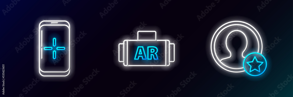 Set line Premium create account screen, Smartphone and playing in game and Ar, augmented reality icon. Glowing neon. Vector Set line Premium create account screen, Smartphone and playing in game and Ar, augmented reality icon. Glowing neon. Vector