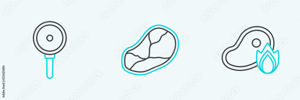 Set line Grilled steak meat and fire flame, Frying pan and Steak icon. Vector Set line Grilled steak meat and fire flame, Frying pan and Steak icon. Vector