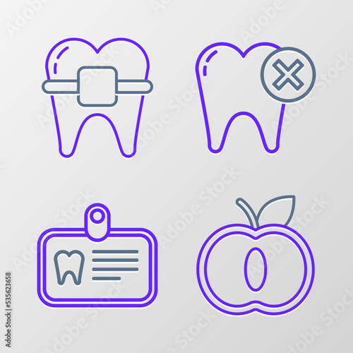 Set line Apple, Id card with tooth, Tooth caries and Teeth braces icon. Vector