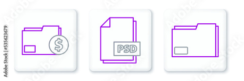 Set line Document folder, Finance document and PSD file icon. Vector