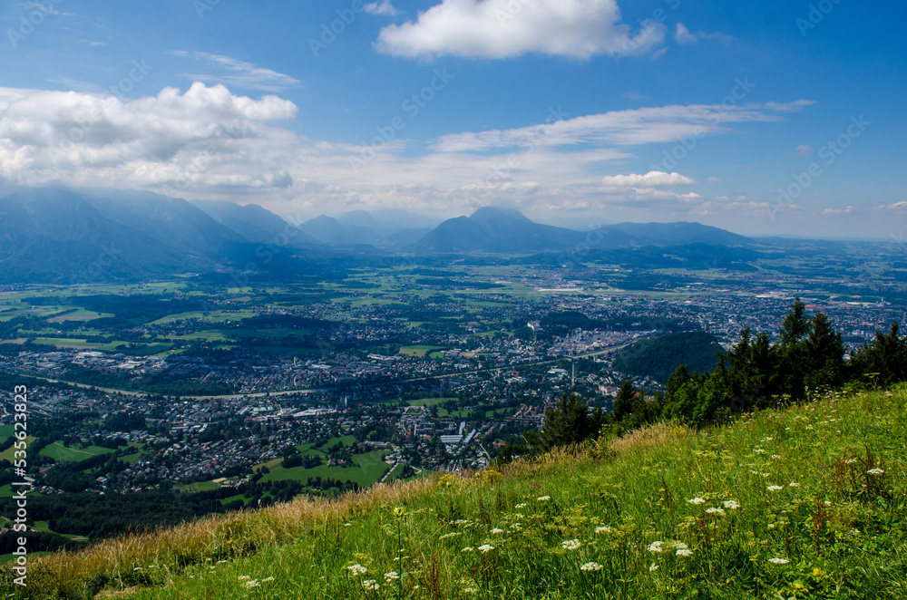 Beautiful scenic summer view of the city and country houses from the Gaisbergspitze observation deck in Salzburg, Austria