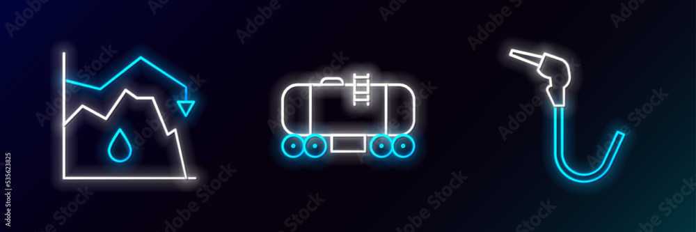 Set line Gasoline pump nozzle, Drop crude oil price and Oil railway cistern icon. Glowing neon. Vector Set line Gasoline pump nozzle, Drop crude oil price and Oil railway cistern icon. Glowing neon. Vector