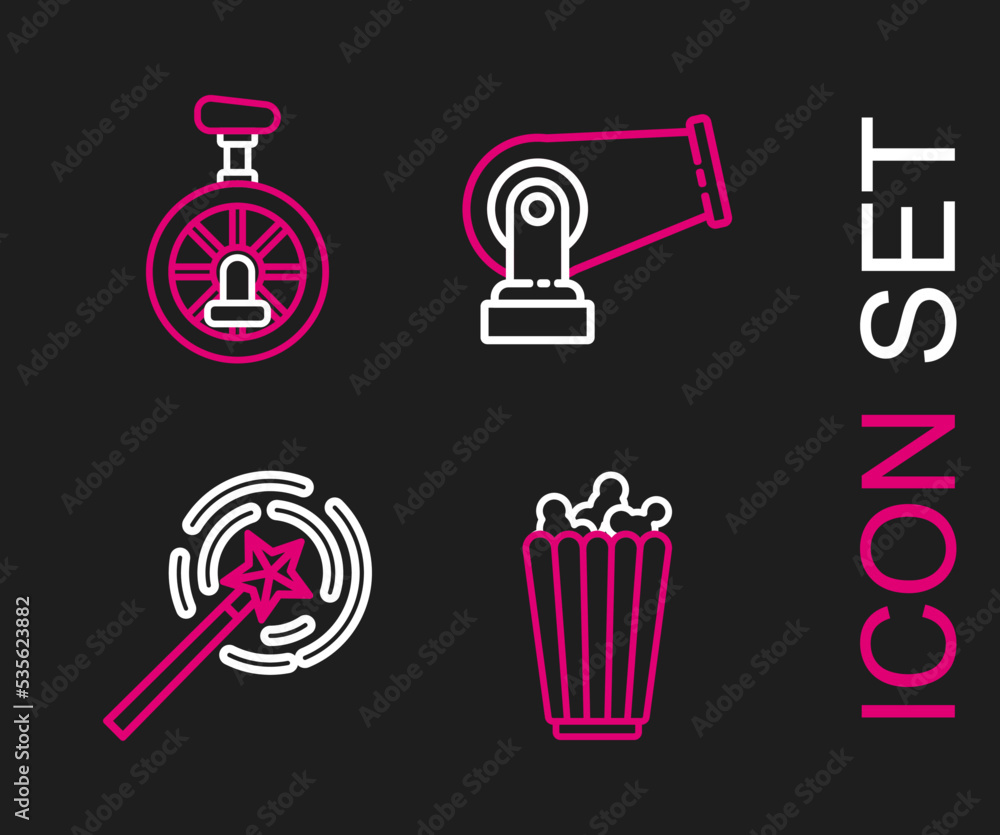 Set line Popcorn in box, Magic wand, Cannon and Unicycle one wheel bicycle icon. Vector Set line Popcorn in box, Magic wand, Cannon and Unicycle one wheel bicycle icon. Vector