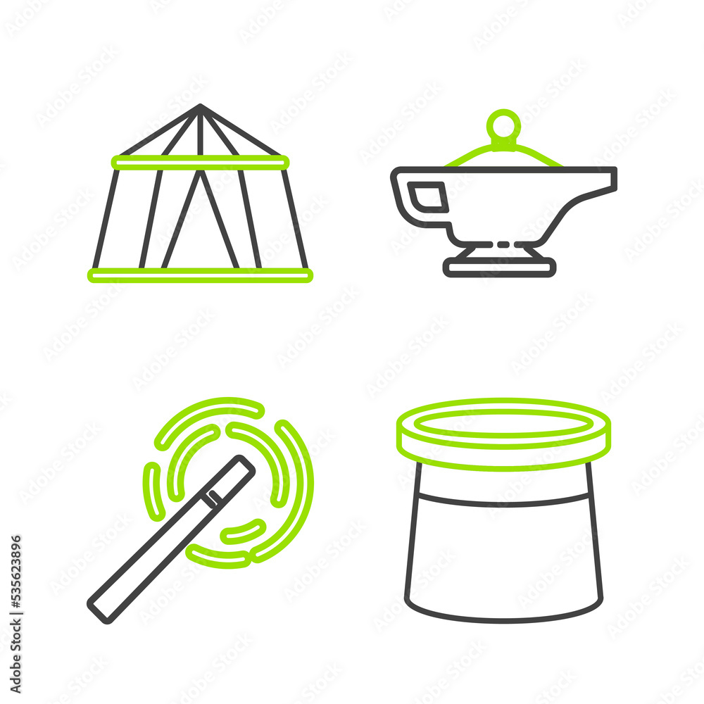 Set line Magician hat, wand, lamp or Aladdin and Circus tent icon. Vector Set line Magician hat, wand, lamp or Aladdin and Circus tent icon. Vector