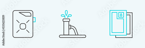 Set line Barrel oil, Canister for motor and Oil pump pump jack icon. Vector