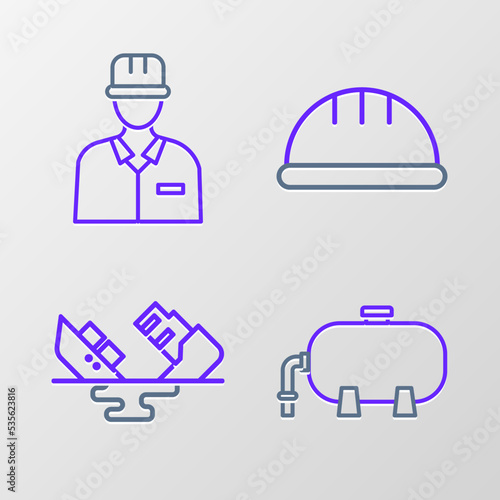 Set line Oil industrial factory building, Wrecked oil tanker ship, Worker safety helmet and Oilman icon. Vector