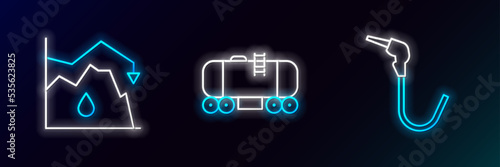 Set line Gasoline pump nozzle, Drop crude oil price and Oil railway cistern icon. Glowing neon. Vector