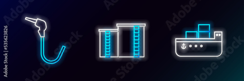 Set line Oil tanker ship, Gasoline pump nozzle and industrial factory building icon. Glowing neon. Vector