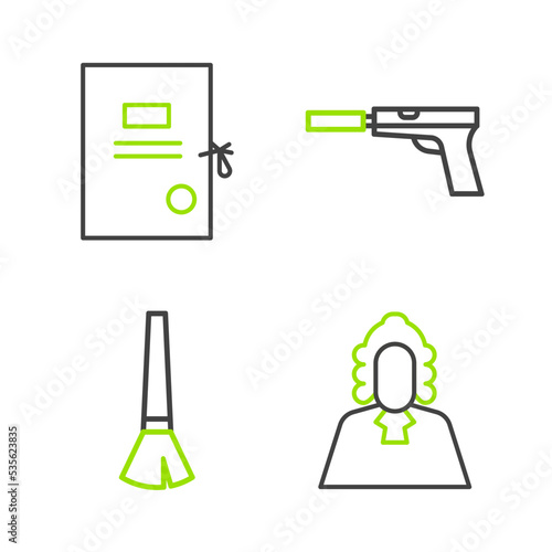 Set line Judge, Paint brush, Pistol or gun with silencer and Lawsuit paper icon. Vector