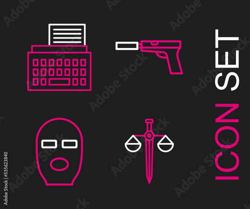 Set line Scales of justice, Thief mask, Pistol or gun with silencer and Retro typewriter icon. Vector
