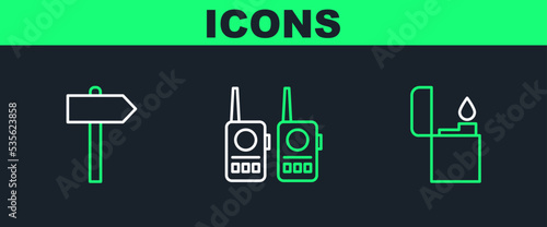 Set line Lighter, Road traffic signpost and Walkie talkie icon. Vector