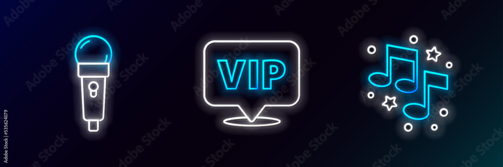 Set line Music note, tone, Microphone and Location Vip icon. Glowing neon. Vector Set line Music note, tone, Microphone and Location Vip icon. Glowing neon. Vector
