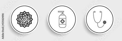 Set line Stethoscope, Virus and Bottle of liquid antibacterial soap icon. Vector