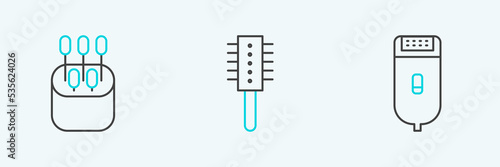 Set line Electrical hair clipper or shaver, Cotton swab for ears and Hairbrush icon. Vector