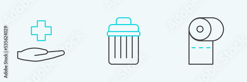 Set line Toilet paper roll, Cross hospital medical and Trash can icon. Vector