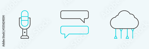 Set line Network cloud connection, Microphone and Speech bubble chat icon. Vector