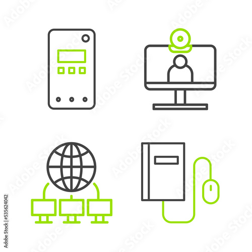 Set line Electronic book with mouse, Computer network, Video chat conference and Mobile phone icon. Vector