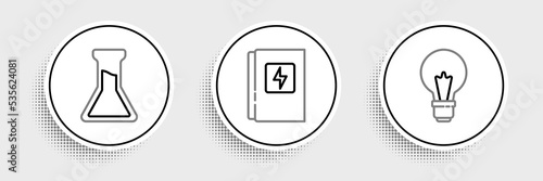 Set line Light bulb with concept of idea, Test tube and flask and Electrical panel icon. Vector