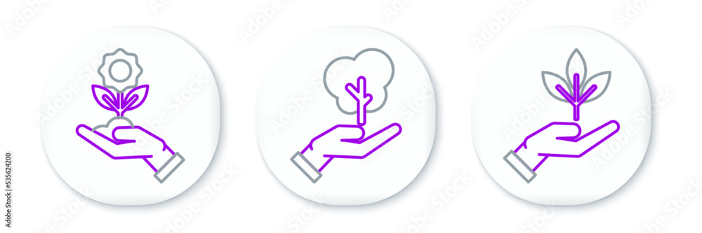 Set line Plant in hand of environmental protection, Hand holding flower and Tree icon. Vector Set line Plant in hand of environmental protection, Hand holding flower and Tree icon. Vector