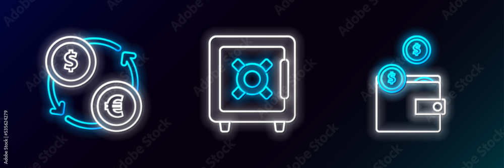 Set line Wallet with coins, Money exchange and Safe icon. Glowing neon. Vector Set line Wallet with coins, Money exchange and Safe icon. Glowing neon. Vector