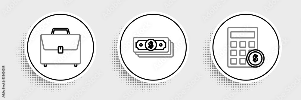 Set line Calculator with dollar symbol, Briefcase and Stacks paper money cash icon. Vector Set line Calculator with dollar symbol, Briefcase and Stacks paper money cash icon. Vector