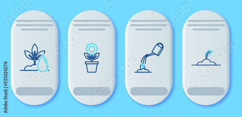 Set line Flower in pot, Watering can with water, plant and Sprout icon. Vector