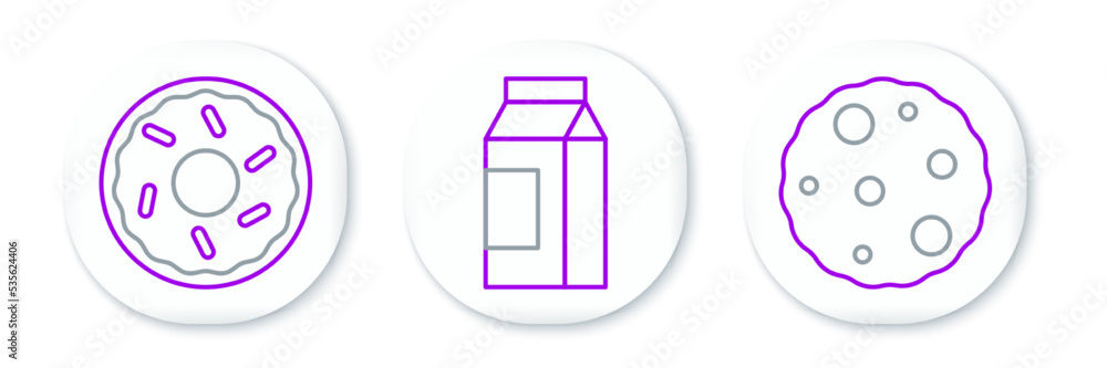 Set line Cookie or biscuit, Donut and Paper package for milk icon. Vector Set line Cookie or biscuit, Donut and Paper package for milk icon. Vector